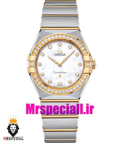 ساعت امگا زنانه مدل کانسلیشن دو رنگ طلایی صفحه صدف قاب نگین OMEGA constllation 020948