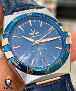 ساعت مچی مردانه امگا کانسلیشن اتوماتیک بند چرم استیل رزگلد صفحه ابی OMEGA CONSTELLATION 00924