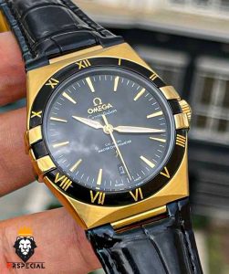 ساعت مچی مردانه امگا کانسلیشن اتوماتیک بند چرم صفحه مشکی OMEGA CONSTELLATION 00926