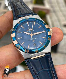 ساعت مچی مردانه امگا کانسلیشن اتوماتیک بند چرم استیل رزگلد صفحه ابی OMEGA CONSTELLATION 00924
