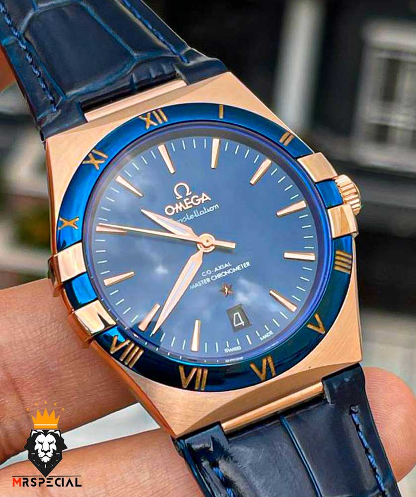 ساعت مچی مردانه امگا کانسلیشن اتوماتیک رزگلد بند چرم صفحه ابی OMEGA CONSTELLATION 00925