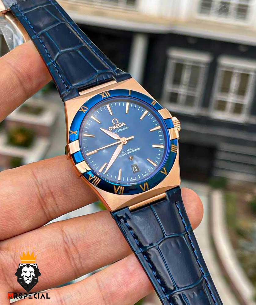 ساعت مچی مردانه امگا کانسلیشن اتوماتیک رزگلد بند چرم صفحه ابی OMEGA CONSTELLATION 00925