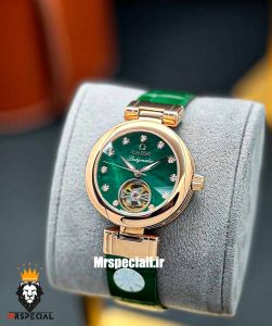 ساعت مچی زنانه امگا مدل لیدی ماتیک اتومات رزگلد بند چرم صفحه سبز صدف OMEGA LADYMATIC 021234