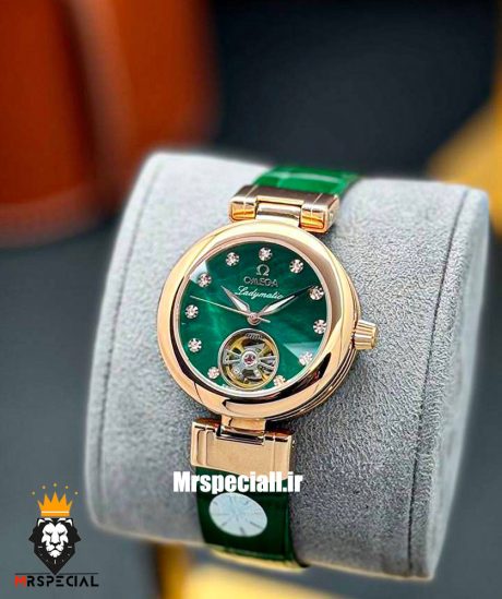 ساعت مچی زنانه امگا مدل لیدی ماتیک اتومات رزگلد بند چرم صفحه سبز صدف OMEGA LADYMATIC 021234