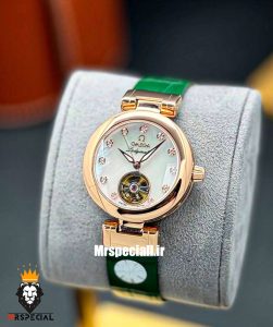 ساعت مچی زنانه امگا مدل لیدی ماتیک اتومات رزگلد بند چرم صفحه سفید صدف OMEGA LADYMATIC 021235 