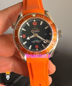 ساعت امگا مردانه سیمستر اتوماتیک رابر نارنجی صفحه مشکی OMEGA SEAMASTER Planet Ocean 016625