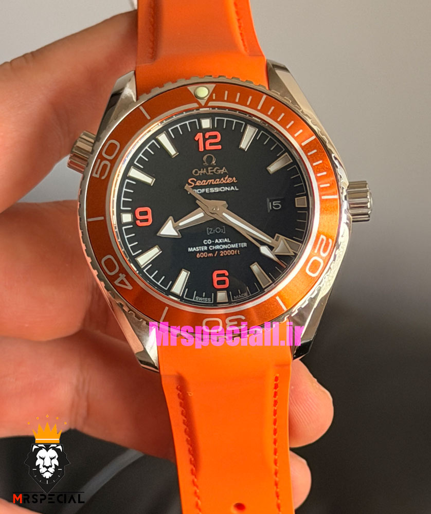 ساعت امگا مردانه سیمستر اتوماتیک رابر نارنجی صفحه مشکی OMEGA SEAMASTER Planet Ocean 016625
