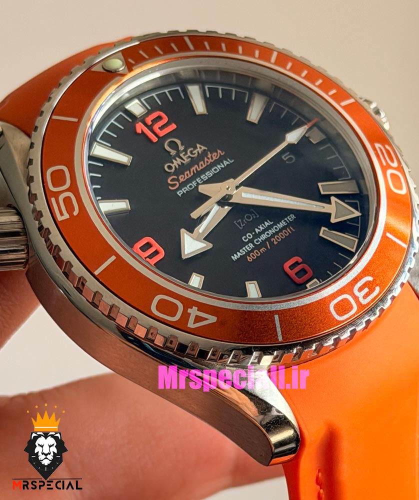 ساعت امگا مردانه سیمستر اتوماتیک رابر نارنجی صفحه مشکی OMEGA SEAMASTER Planet Ocean 016625