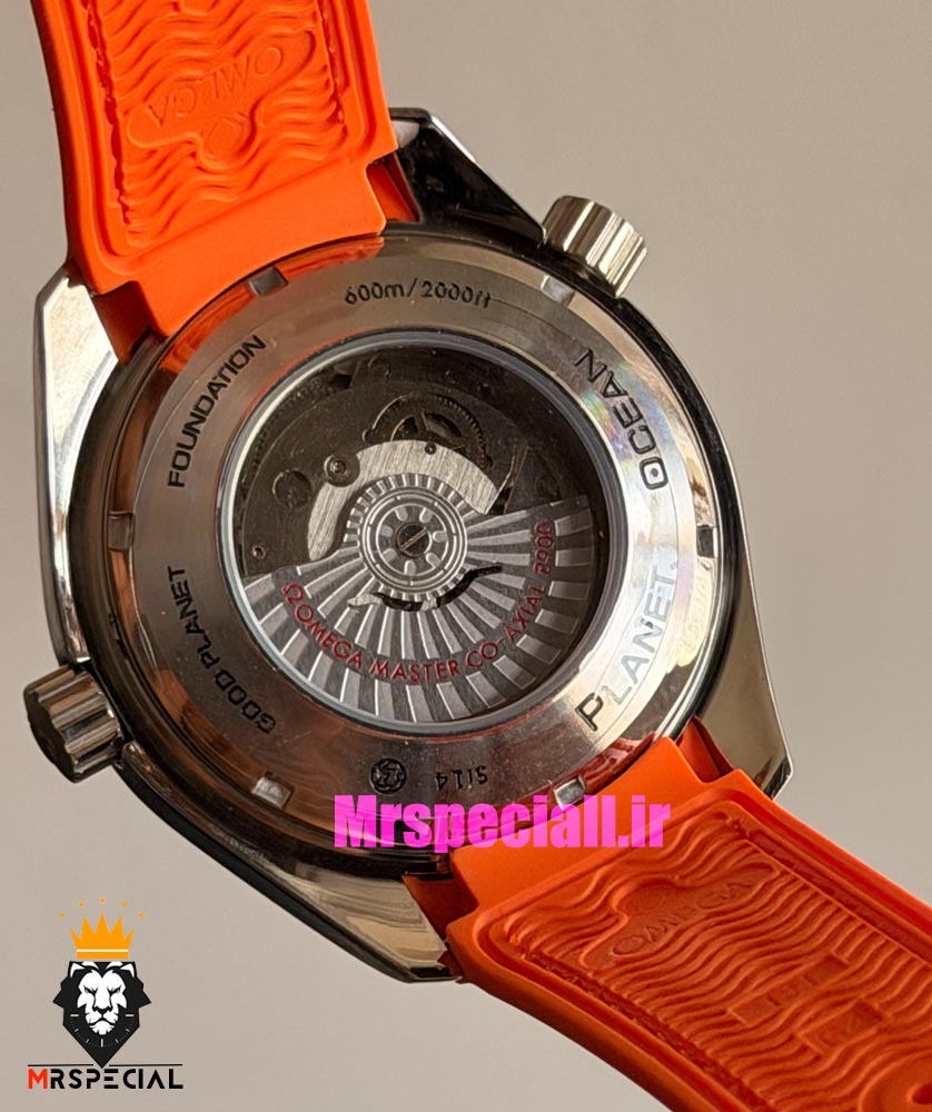 ساعت امگا مردانه سیمستر اتوماتیک رابر نارنجی صفحه مشکی OMEGA SEAMASTER Planet Ocean 016625