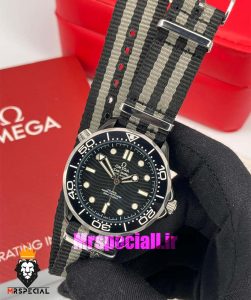 ساعت امگا مردانه سیمستر اتوماتیک بند ناتو صفحه مشکی OMEGA SEAMASTER 007 021014 