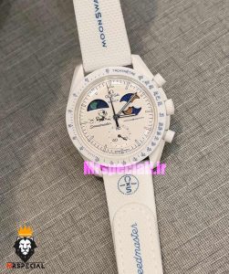 ساعت امگا سواچ اسنوپی کرنوگراف سفید 021484 MOONSHAINE GOLD Snoopy White