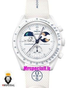 ساعت امگا سواچ اسنوپی کرنوگراف سفید 021484 MOONSHAINE GOLD Snoopy White