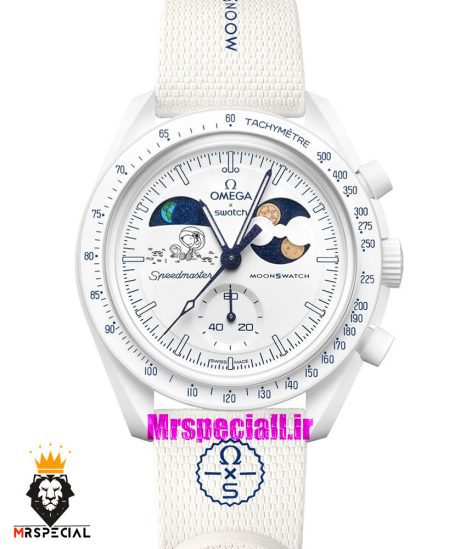 ساعت امگا سواچ اسنوپی کرنوگراف سفید 021484 MOONSHAINE GOLD Snoopy White
