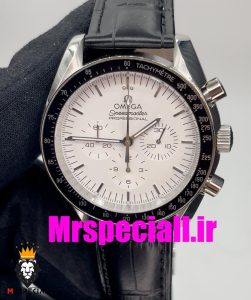 ساعت مچی مردانه امگا اسپید مستر کرنوگراف بند چرم صفحه سفید OMEGA Speedmaster moonwatch 020662