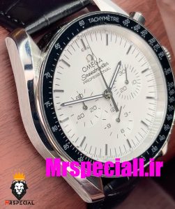 ساعت مچی مردانه امگا اسپید مستر کرنوگراف بند چرم صفحه سفید OMEGA Speedmaster moonwatch 020662