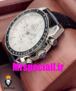 ساعت مچی مردانه امگا اسپید مستر کرنوگراف بند چرم صفحه سفید OMEGA Speedmaster moonwatch 020662