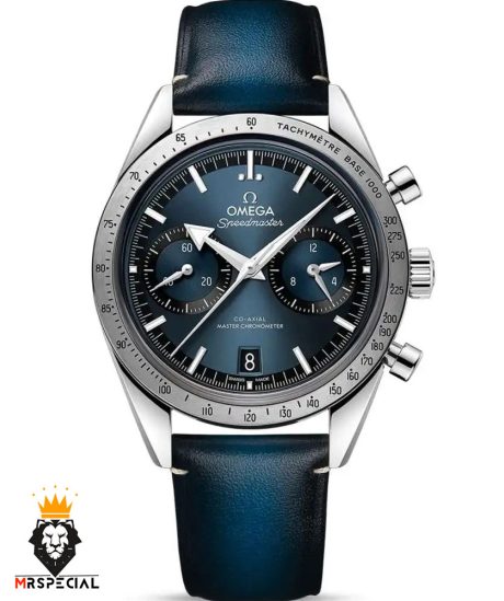 ساعت مچی مردانه امگا اسپیدمستر کرنوگراف بند چرم ابی صفحه ابی OMEGA SPEEDMASTER 0932