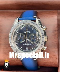 ساعت مچی مردانه امگا اسپیدمستر کرنوگراف بند چرم ابی صفحه ابی OMEGA SPEEDMASTER 0932