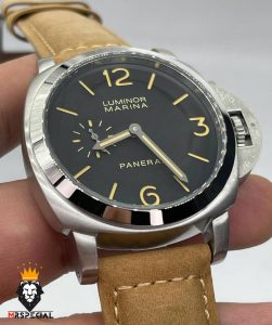 ساعت پنرای مردانه اتوماتیک بند چرم کاراملی قاب استیل صفحه مشکی 01354 Panerai Luminor Submersible
