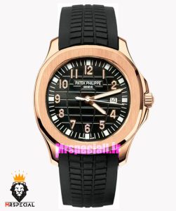 ساعت مردانه پتک فیلیپ اکوانات کوارتز رزگلد بند رابر صفحه مشکی 021718 Patek Philippe Aquanaut