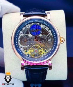 ساعت پتک فیلیپ مردانه اتوماتیک رزگلد بند چرم صفحه اسکلتون Patek Philippe 021723