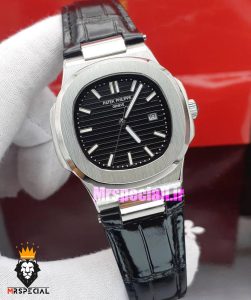 ساعت پتک فیلیپ مردانه مدل ناتیلوس کوارتز بند چرم مشکی صفحه مشکی Patek Philippe NUATILOS 021183