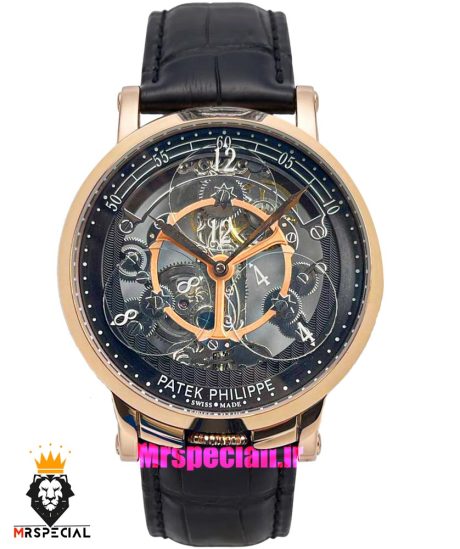 ساعت مردانه پتک فیلیپ اتوماتیک اسکلتون رزگلد بند چرم مشکی Patek Philippe Luxury 01258