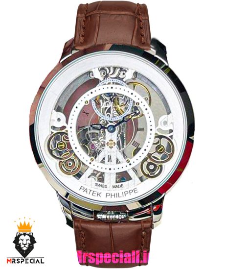 ساعت مردانه پتک فیلیپ اسکلتون اتوماتیک چرم قهوه ای Patek Philippe Luxury 01253