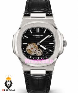 ساعت پتک فیلیپ مردانه ناتیلوس اتوماتیک بند چرم مشکی صفحه مشکی Patek Philippe NUATILOS 021664