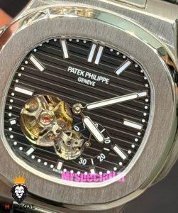 ساعت پتک فیلیپ مردانه ناتیلوس اتوماتیک بند چرم مشکی صفحه مشکی Patek Philippe NUATILOS 021664 