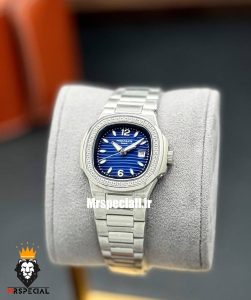 ساعت پتک فیلیپ زنانه مدل ناتیلوس کوارتز استیل قاب نگین صفحه ابی Patek Philippe NUATILOS 021266