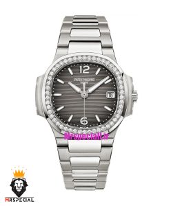 ساعت پتک فیلیپ زنانه مدل ناتیلوس کوارتز استیل قاب نگین صفحه طوسی Patek Philippe NUATILOS 021269