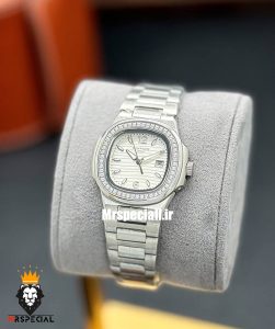 ساعت پتک فیلیپ زنانه مدل ناتیلوس کوارتز استیل قاب نگین صفحه سفید Patek Philippe NUATILOS 021267