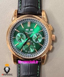 ساعت پتک فیلیپ مردانه دی دیت اتوماتیک رزگلد چرم مشکی صفحه سبز Patek Philippe Perpetual Calendar 021574