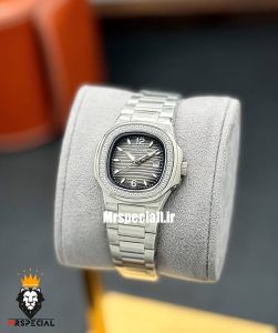 ساعت پتک فیلیپ زنانه مدل ناتیلوس کوارتز استیل قاب نگین صفحه طوسی Patek Philippe NUATILOS 021269