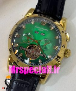 ساعت پتک فیلیپ مردانه بند چرم توربیلون اتوماتیک طلایی صفحه سبز Patek Philippe 020812 