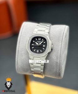 ساعت پتک فیلیپ زنانه مدل ناتیلوس کوارتز استیل قاب نگین صفحه مشکی Patek Philippe NUATILOS 021268