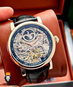 ساعت پتک فیلیپ مردانه اتوماتیک رزگلد بند چرم صفحه اسکلتون Patek Philippe 021723