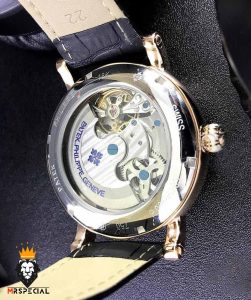 ساعت پتک فیلیپ مردانه اتوماتیک رزگلد بند چرم صفحه اسکلتون Patek Philippe 021723