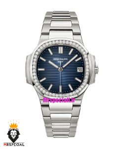 ساعت پتک فیلیپ زنانه مدل ناتیلوس کوارتز استیل قاب نگین صفحه ابی Patek Philippe NUATILOS 021266