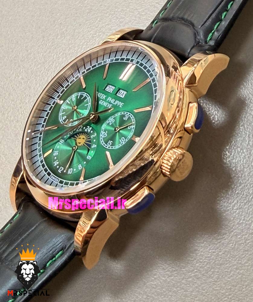 ساعت پتک فیلیپ مردانه دی دیت اتوماتیک رزگلد چرم مشکی صفحه سبز Patek Philippe Perpetual Calendar 021574