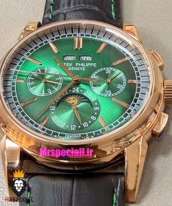ساعت پتک فیلیپ مردانه دی دیت اتوماتیک رزگلد چرم مشکی صفحه سبز Patek Philippe Perpetual Calendar 021574