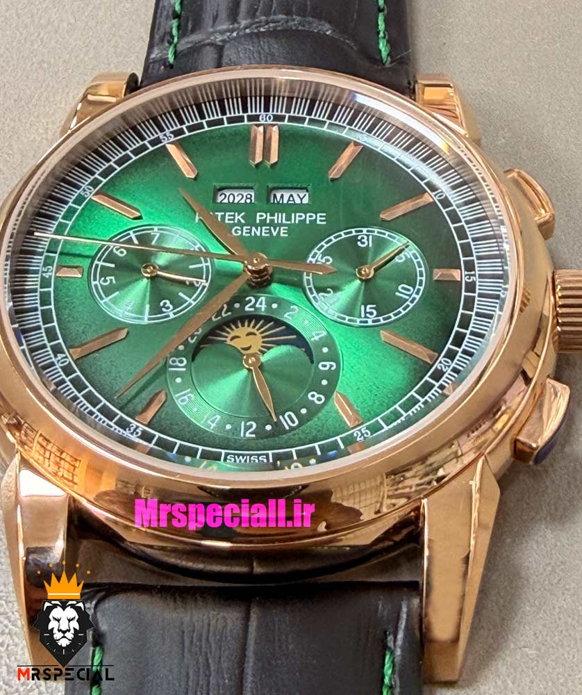 ساعت پتک فیلیپ مردانه دی دیت اتوماتیک رزگلد چرم مشکی صفحه سبز Patek Philippe Perpetual Calendar 021574