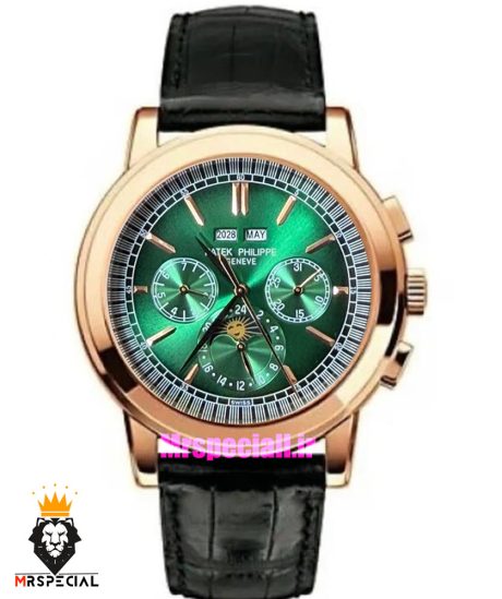ساعت پتک فیلیپ مردانه دی دیت اتوماتیک رزگلد چرم مشکی صفحه سبز Patek Philippe Perpetual Calendar 021574