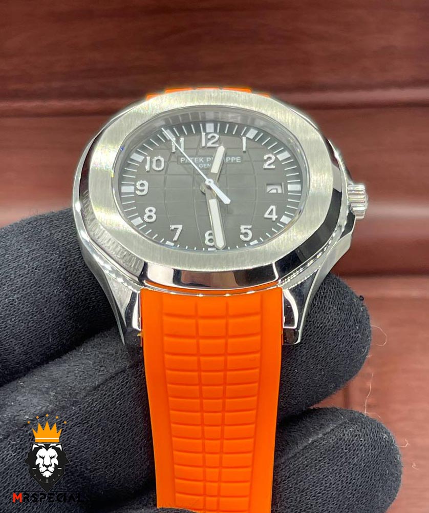 ساعت مردانه پتک فیلیپ اکوانات اتوماتیک بند رابر نارنجی صفحه طوسی 01603 Patek Philippe Aquanaut