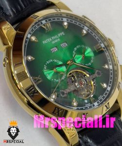 ساعت پتک فیلیپ مردانه بند چرم توربیلون اتوماتیک طلایی صفحه سبز Patek Philippe 020812 