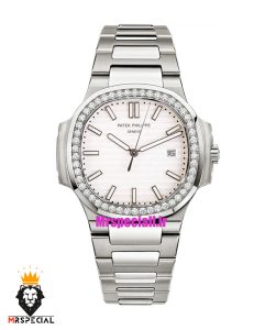 ساعت پتک فیلیپ زنانه مدل ناتیلوس کوارتز استیل قاب نگین صفحه سفید Patek Philippe NUATILOS 021267