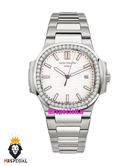 ساعت پتک فیلیپ زنانه مدل ناتیلوس کوارتز استیل قاب نگین صفحه سفید Patek Philippe NUATILOS 021267