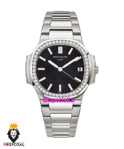 ساعت پتک فیلیپ زنانه مدل ناتیلوس کوارتز استیل قاب نگین صفحه مشکی Patek Philippe NUATILOS 021268