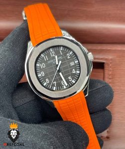 ساعت مردانه پتک فیلیپ اکوانات اتوماتیک بند رابر نارنجی صفحه طوسی 01603 Patek Philippe Aquanaut